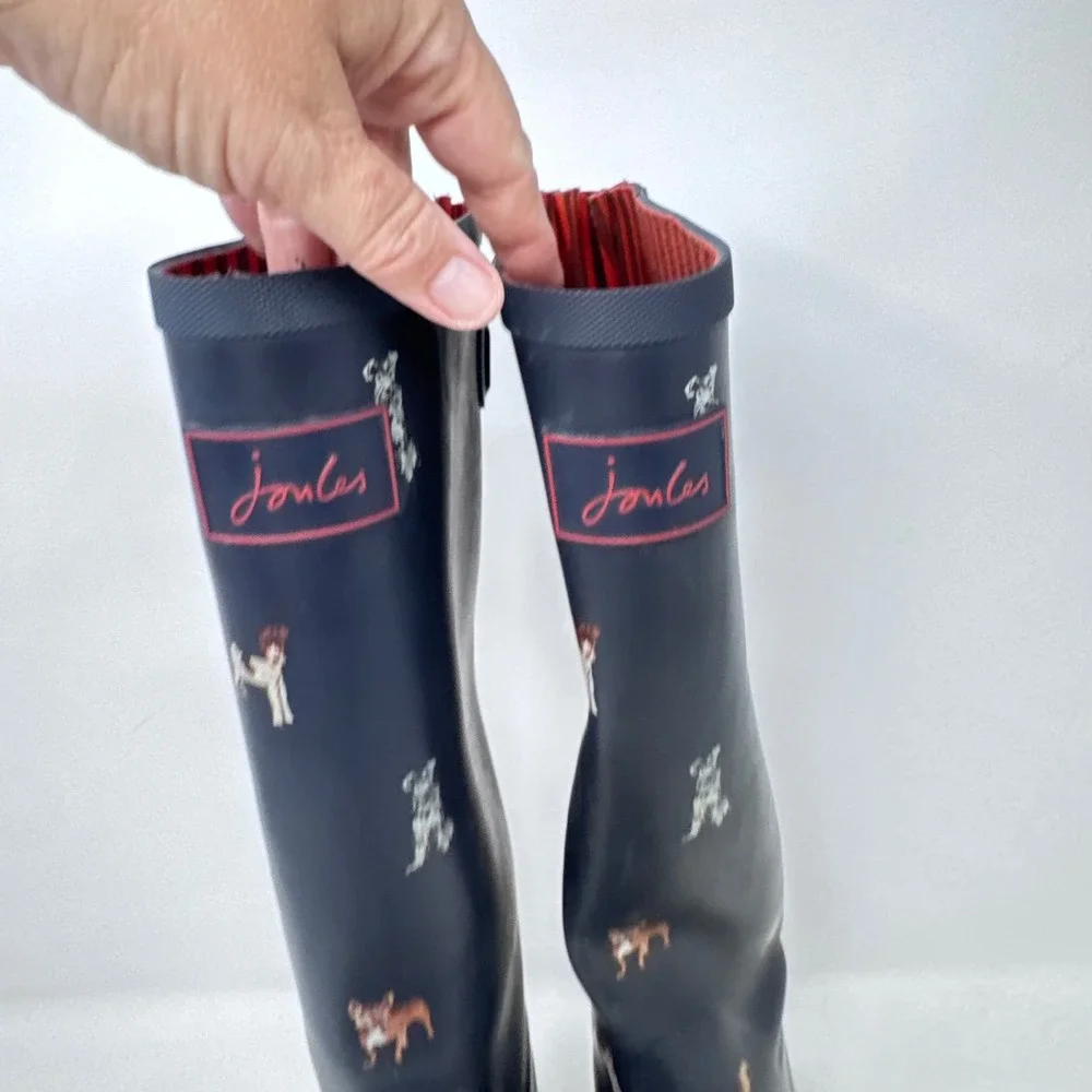 Joules Rain Boots Navy Blue Size 8 Dog Print Tall Wellingtons Waterproof